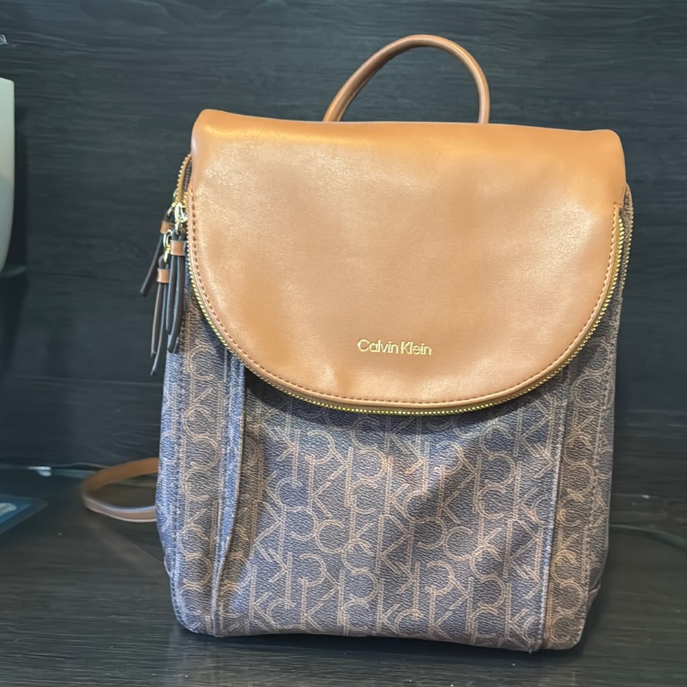 Calvin Klein Tan and Brown Backpack with Smooth Leather